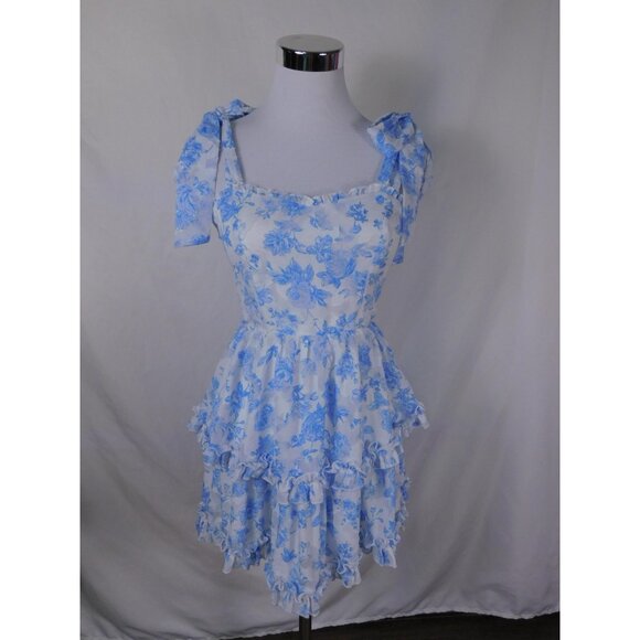 Altar'd State Dress Womens Small Blue White Floral Ruffle Tiered Bow Shoulder - Picture 1 of 12